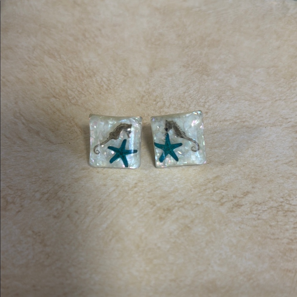 Starfish And Seahorse Square Earrings Vintage Lucite